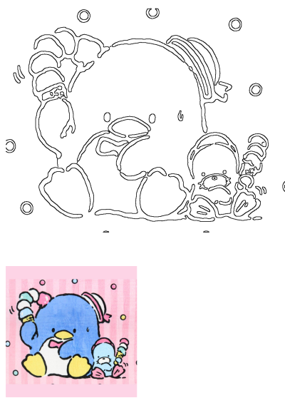 Kawaii drawing featuring a blue penguin and a smaller penguin, each holding an ice cream cone. A cute illustration with a pink striped background.