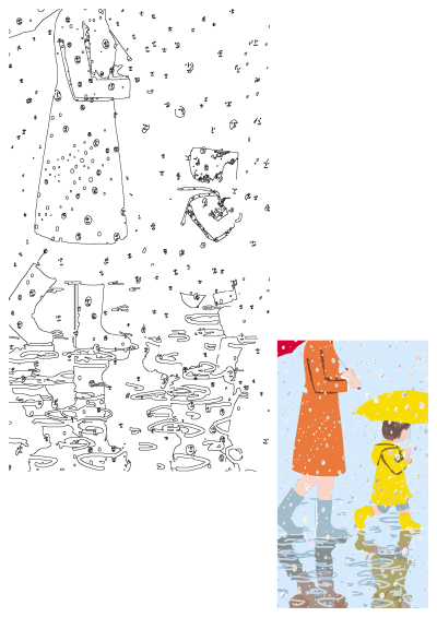 A delightful artistic depiction of a woman and child walking in the rain, each holding colorful umbrellas, capturing a joyful rainy day scene.