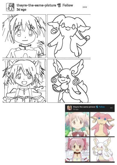Pin on My Saves: Funny comparison of anime character Madoka Kaname with the Pokémon Alomomola and Audino, showing their design similarities.