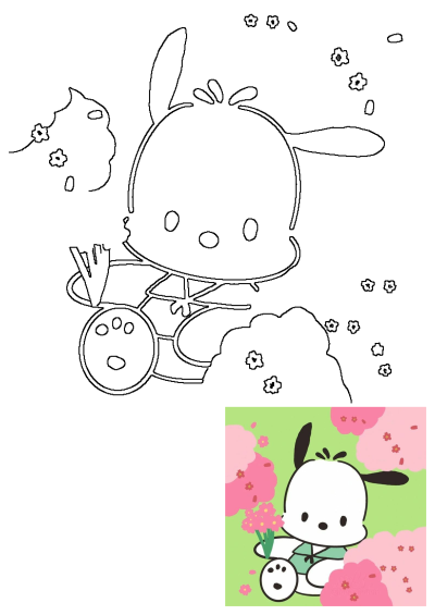 Drawing of Pochacco, a Sanrio dog character, surrounded by flowers. He is holding pink flowers, sits on the ground with eyes closed. 
