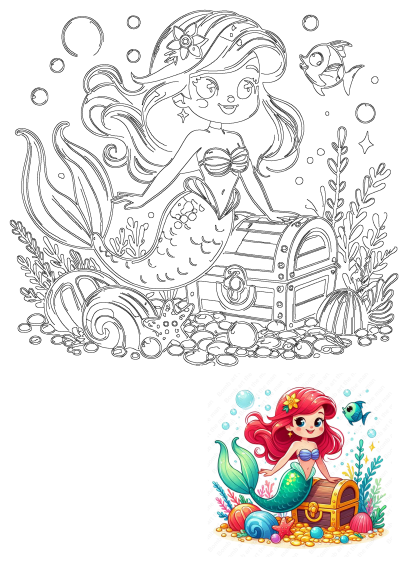 A charming cartoon illustration of a little mermaid with red hair and a green tail, sitting on top of a wooden treasure chest surrounded by sea life.