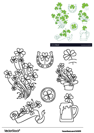Four-leaf clovers and shamrocks with ribbons on a white background, a royalty-free illustration for St. Patrick's Day celebrations and designs.