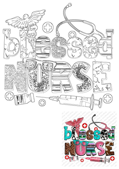 Blessed Nurse design featuring medical symbols in various colors and patterns. "Blessed" and "Nurse" are uniquely colored, highlighting nurse appreciation.