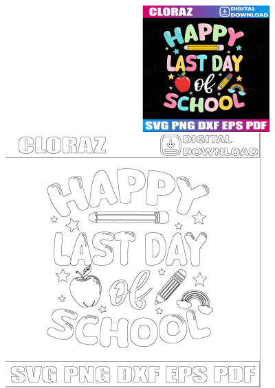 Download the happy last day of school svg file! This design featuring colorful lettering, a pencil, and apple is perfect for your project.