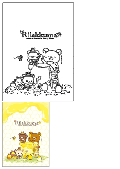 Rilakkuma Harvest Festival image with cartoon bears, honey pot, and dripping honey. Two bears sit; one stands near a ladder and the other sit near a duck.