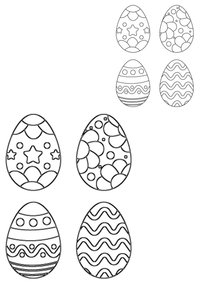 A fun Easter egg coloring page with four different designs featuring stars, scallops, circles, waves, and stripes. Perfect for kids!