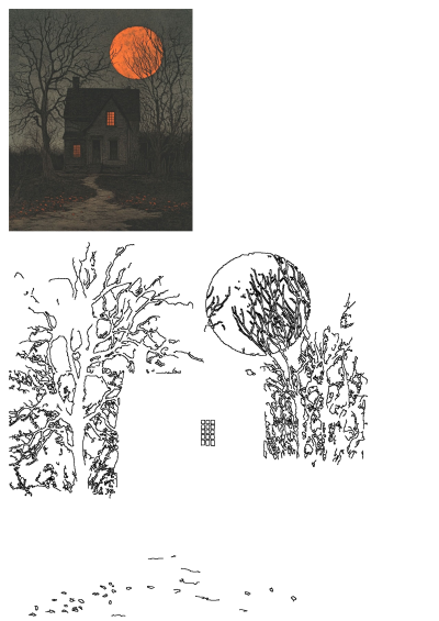 Painting of a haunted house illuminated by a full moon surrounded by trees. An eerie landscape artwork showcasing a spooky house at night.