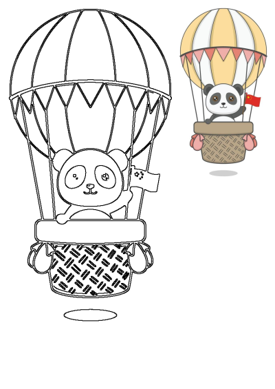 Cute panda waving a Chinese flag while riding in a charming hot air balloon. Adorable illustration with pastel colors and whimsical design.