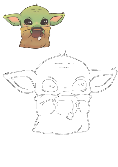 A cute illustration of baby Yoda holding a steaming cup of tea. This endearing image features the adorable character with a sweet look.