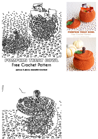 A crocheted pumpkin treat bowl is shown with candy in the bottom and on top. A seasonal craft project with a lid and candy inside.