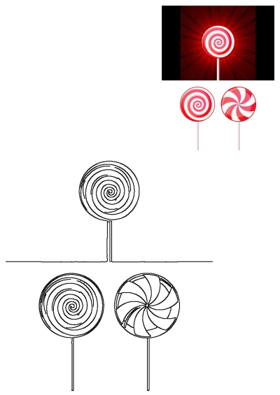 Red and white lollipops candies. Two red and white lollipops sitting on top of each other, a spiral and star swirl pattern, on a stick. 