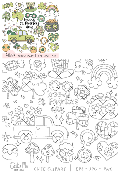 St. Patrick's Day clipart set. Features cute, groovy St. Paddy's elements like clovers, leprechaun hats, and lucky charms for holiday designs.