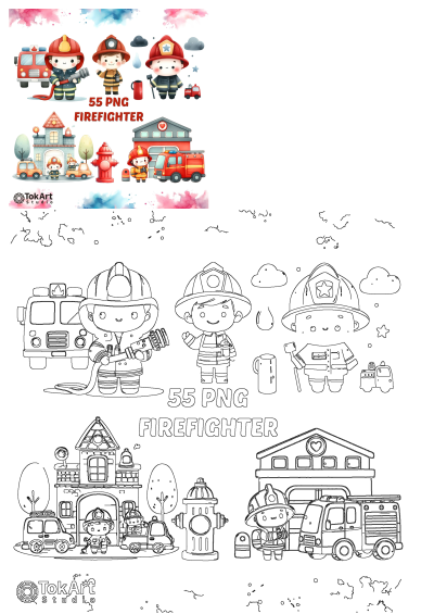 Cartoon style of fire fighters in different poses,featuring fire trucks, hydrants and fire station, colorful, cute and adorable.