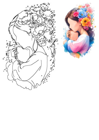 A heartwarming watercolor of a woman gently cradling a baby, adorned with a vibrant flower crown and soft watercolor splashes. 