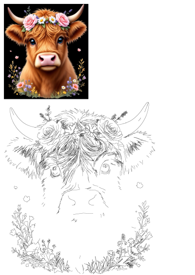 A cute highland cow with a flower crown on its head against a black background. The alt information says: a cow with flowers on its head.