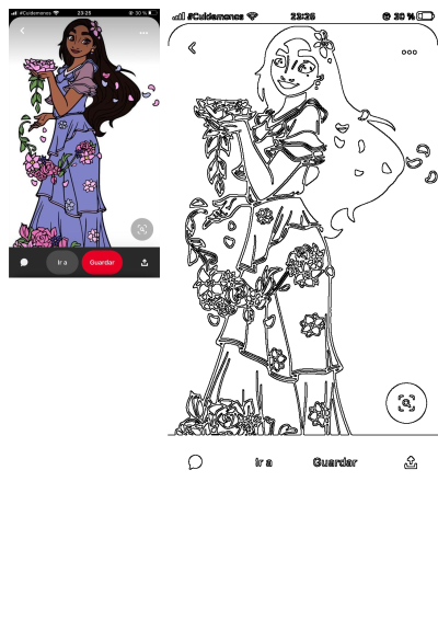 Illustration of Isabela Madrigal from Encanto, a woman with flowers in her hand. She is wearing a purple dress with floral details. 