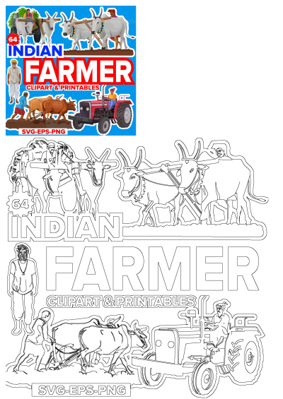 A colorful illustration of Indian farmers using traditional and modern methods, ox cart, plowing and a tractor. Perfect for clipart.