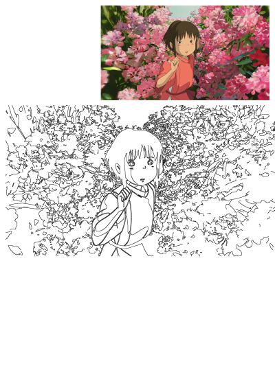 Chihiro from Spirited Away stands surrounded by a vibrant array of pink flowers in this animated scene. 