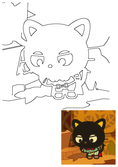 Cartoon black cat character standing on a wooden floor, dressed in striped suit with a red cape, very stylish!