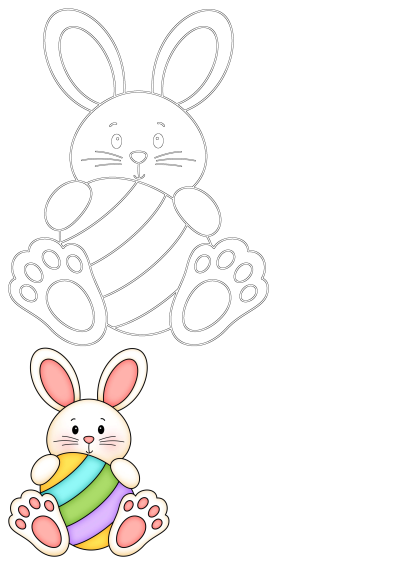 Adorable illustration of a cute Easter bunny holding a colorful, striped Easter egg. Perfect for springtime crafts and decorations.