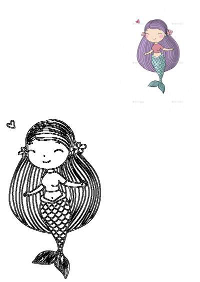 A whimsical illustration of a little mermaid with long purple hair, a pink shirt, and a blue-green tail, floating happily against a white background.