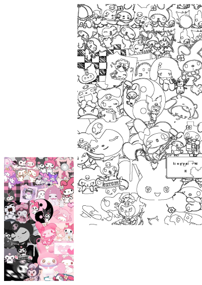 My Melody and Kuromi stickers arranged in an animal/cat shape. Cute pink and black collage features many different types of the Sanrio characters.