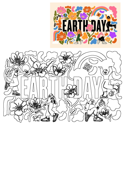 Earth Day illustration: The words 'Earth Day' are surrounded by colorful flowers and people. A vibrant rainbow adds a cheerful touch to the design.