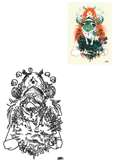 Art & Illustration: Quirky art featuring a pug wearing a helmet, perched on a wolf head, in a surreal, colorful scene.A unique piece for art enthusiasts.