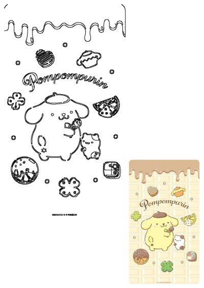 Pompompurin, the charming Sanrio character, is surrounded by sweet treats, set against a background of dripping chocolate and white chocolate tiles.