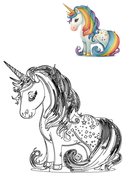 Colorful rainbow unicorn with stars on its body, paired with an identical black outline drawing for children to color.