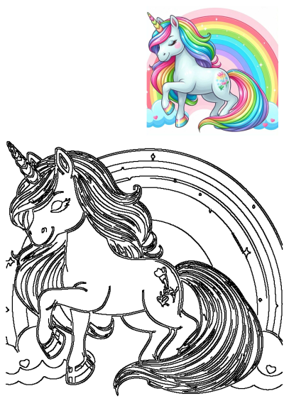 A charming rainbow unicorn with a colorful mane, horn, and tail, presented as a vibrant illustration and a clean outline drawing.