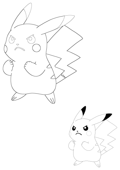 Outline drawing of an angry Pikachu with clenched fists, standing its ground. A fun coloring page for Pokemon fans.