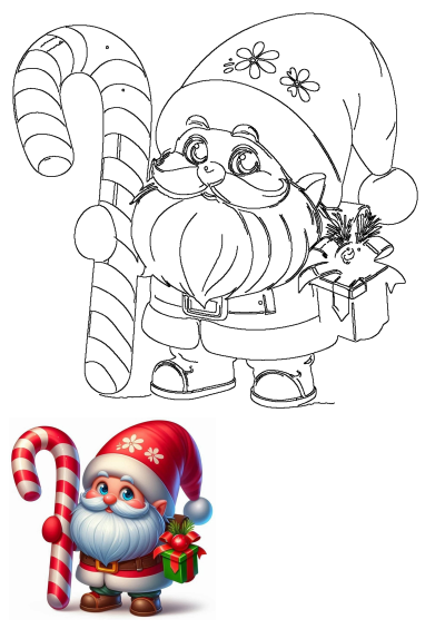 A festive Santa gnome character illustration, with a big white beard, holding a striped candy cane and a wrapped Christmas gift.
