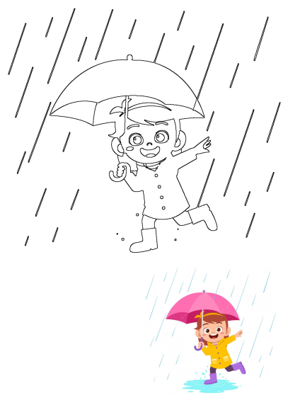A cartoon girl happily plays in the rain, protected by a pink umbrella and wearing a yellow raincoat and purple boots, enjoying a rainy day.