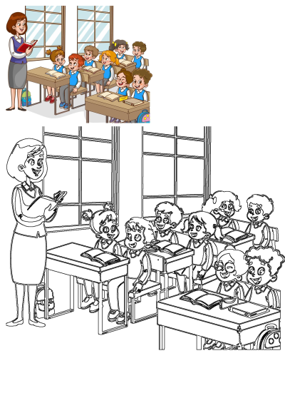 Cartoon image of a teacher reading aloud to her students in the classroom. The students are at their desks with books.