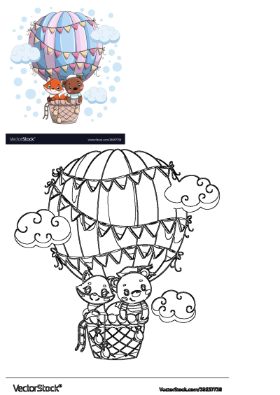 A charming illustration of two cute animals, a fox and a bear, enjoying a ride in a colorful hot air balloon amidst fluffy clouds.