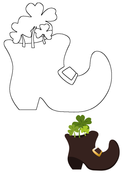 Leprechaun boot used as a plant pot filled with lucky clover. A potted plant in the shape of a shoe with a gold buckle on it.