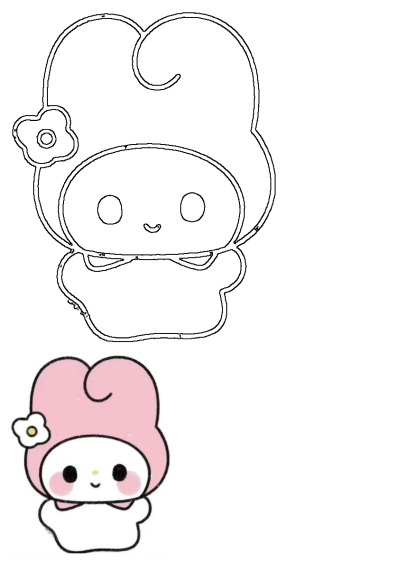 A cute drawing of My Melody, a popular Sanrio character. The kawaii design features her iconic pink hood and flower, perfect for fans.