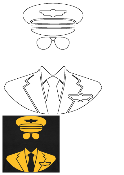 Illustration of a man in a pilot's suit and hat with sunglasses. A stylized depiction for aviation or professional attire concepts.