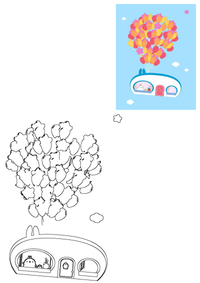 Cartoon illustration of a whimsical airplane-shaped house floating in the sky with balloons, featuring cute characters inside. A fun and lighthearted image.