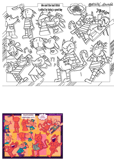 Cartoon characters making funny faces and saying, 'Me and the bad bitch I pulled by being a good guy'. Humorous cartoon art.