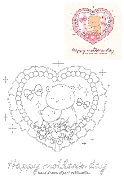 A Mother's Day card featuring a charming teddy bear tenderly holding her baby inside a heart decorated with flowers. A perfect greeting!