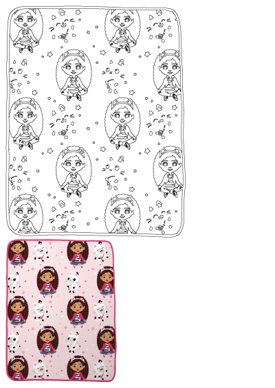 17. A pink patterned blanket featuring Gabby's Dollhouse character and cat figures scattered among pink stars on a soft pink background.