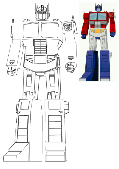 Illustration of Optimus Prime, the iconic leader of the Autobots from Transformers. Red, blue, and grey robot cartoon character.