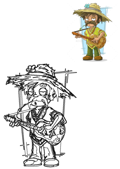 a man with a guitar and straw hat - people characters