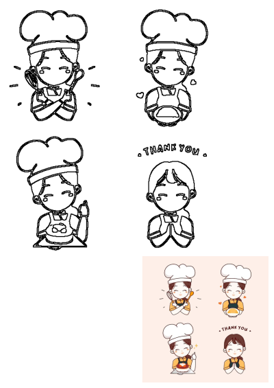 Four cartoon characters showing different baking-related expressions. A woman in a chef's hat is shown along with the words 'Thank You'.