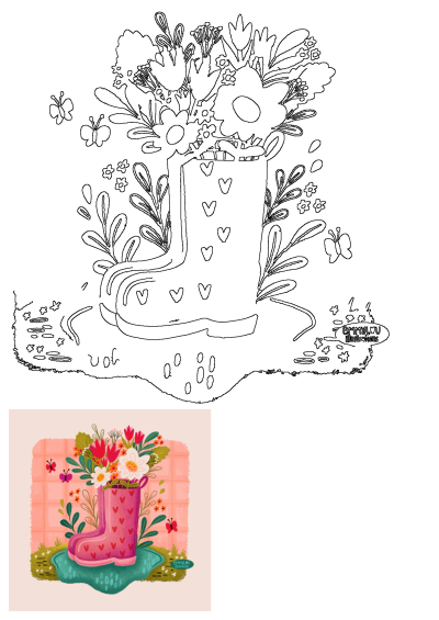 A charming image of a pink boot filled with vibrant flowers, sitting atop a green planter, set against a backdrop of a tiled wall. Whimsical butterflies add to the beauty.