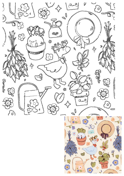 A charming gardening pattern featuring a cute goose, watering can, hat, plants, and flowers. Perfect for spring projects and garden decor.
