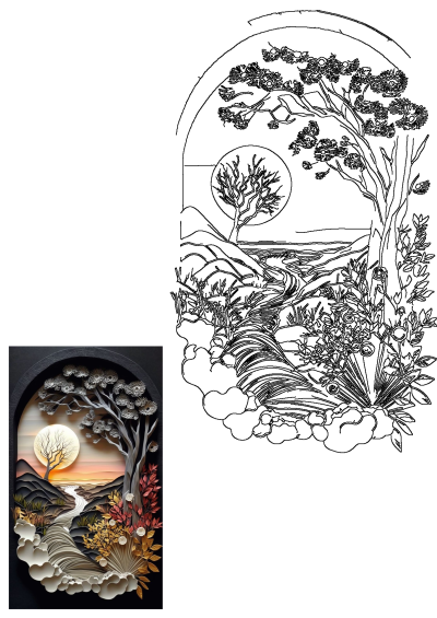 An image of a paper art landscape with trees, mountains, and a sunset in the background, presented on a black paper backdrop.