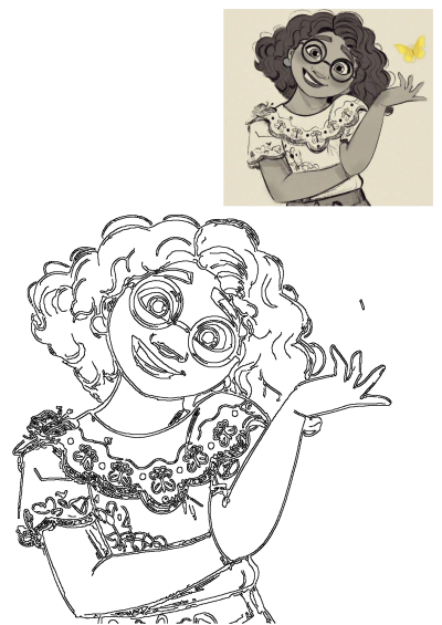 Mirabel Madrigal from Encanto smiling with a bright yellow butterfly. Cartoon character with curly hair and round glasses, reaching out.